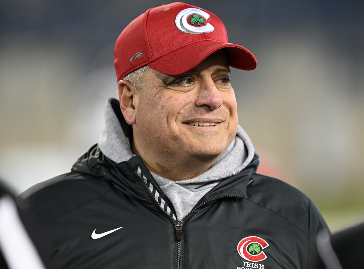 Toledo Central Catholic football head coach Greg Dempsey smiles during the 2022 state championship game. Photo credit: Jeff Harwell, SBLive Sports